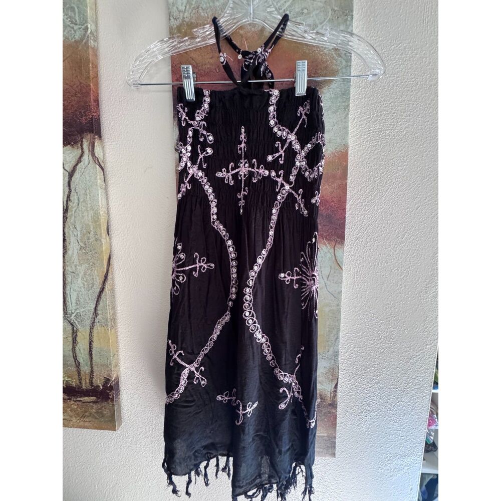 Black Sequin Mini Halter Dress with Pink Embroidery